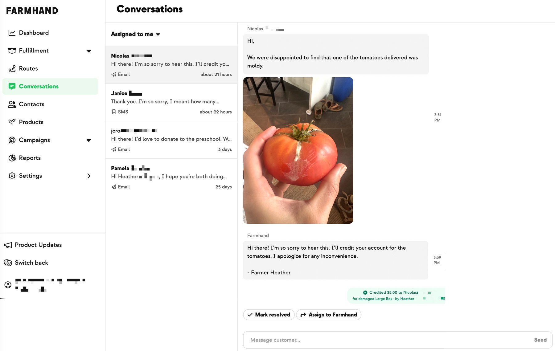 Farmhand Conversations — a member reports a moldy tomato with a photo, the farm replies and credits the order in the same thread