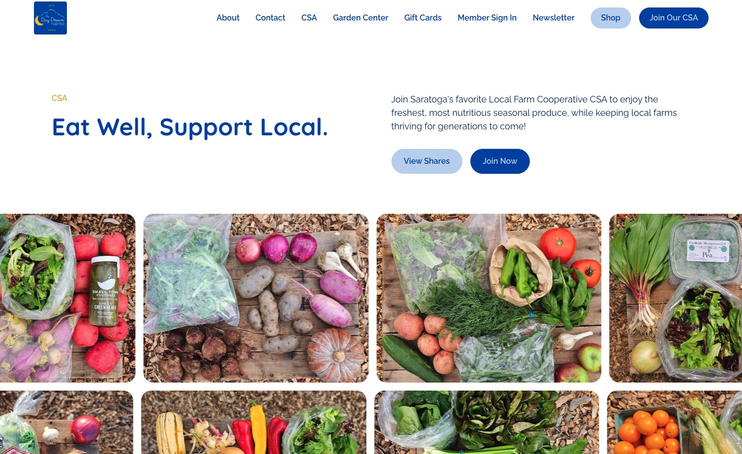 The Day Dream Farmer's CSA page — Eat Well, Support Local — with weekly share photos
