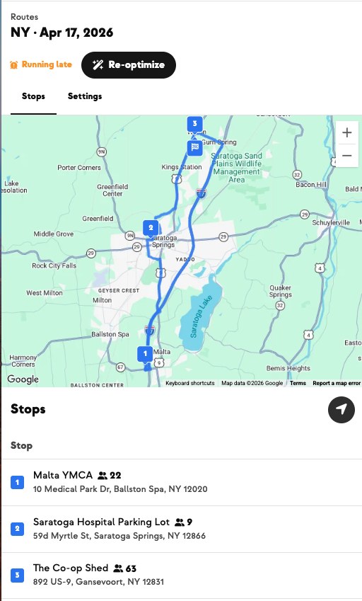 Her delivery route for April 17 — flagged running late, with a re-optimize button and three stops: Malta YMCA, Saratoga Hospital and The Co-op Shed