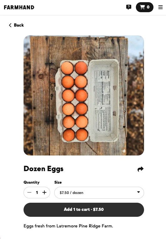 Dozen Eggs product page — $7.50 per dozen, eggs fresh from Latremore Pine Ridge Farm