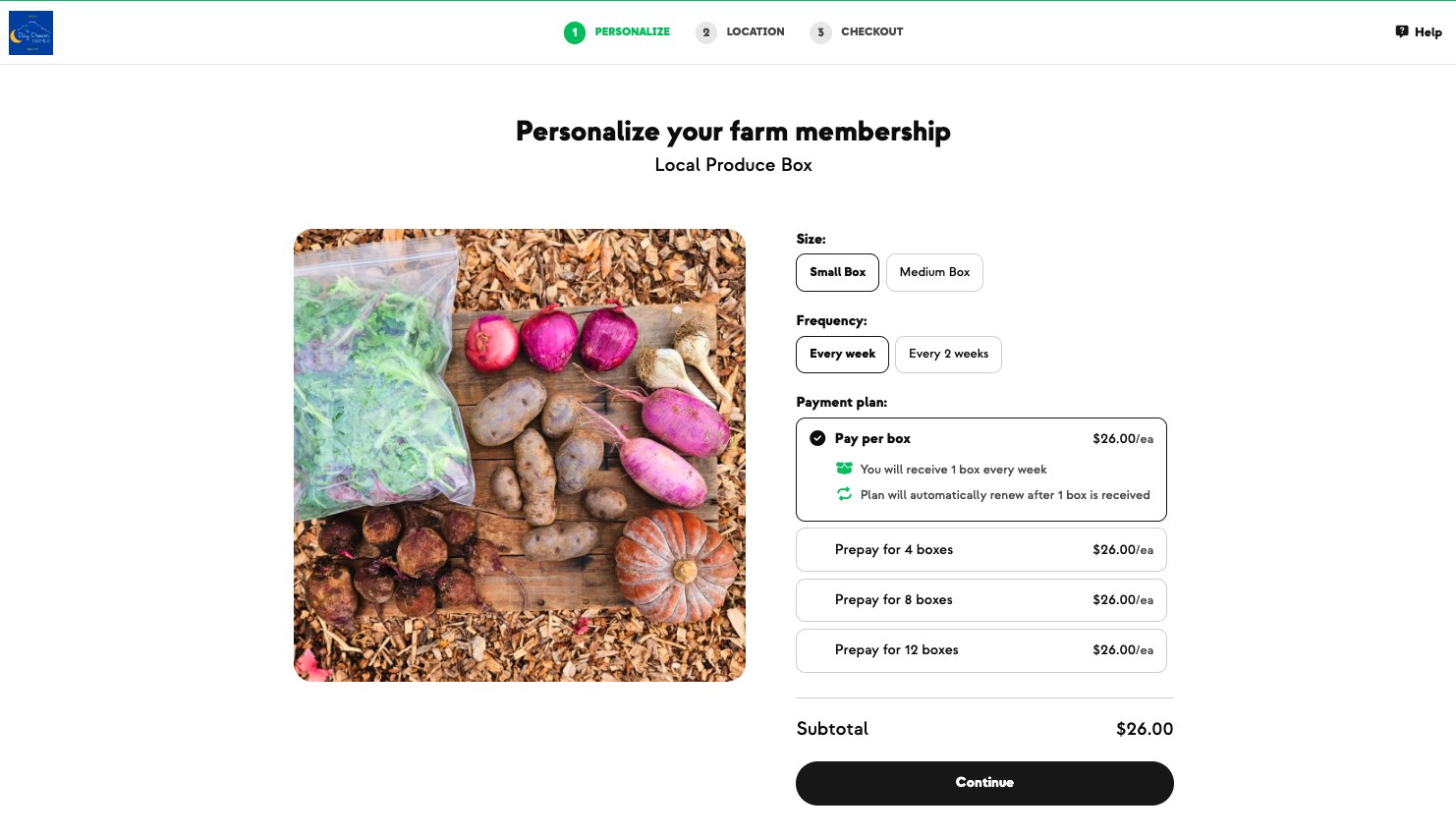 Personalize your farm membership — box size, weekly or every 2 weeks, and prepay options on The Day Dream Farmer's CSA signup