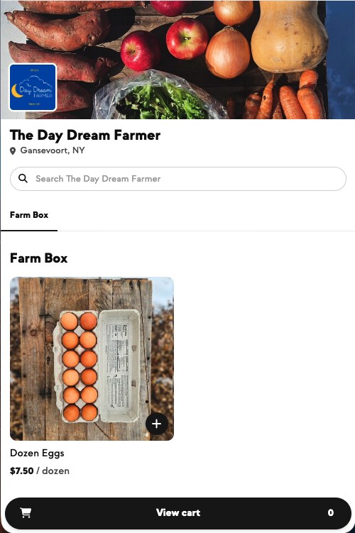 The Day Dream Farmer's Farmhand shop — farm box category with a dozen eggs at $7.50