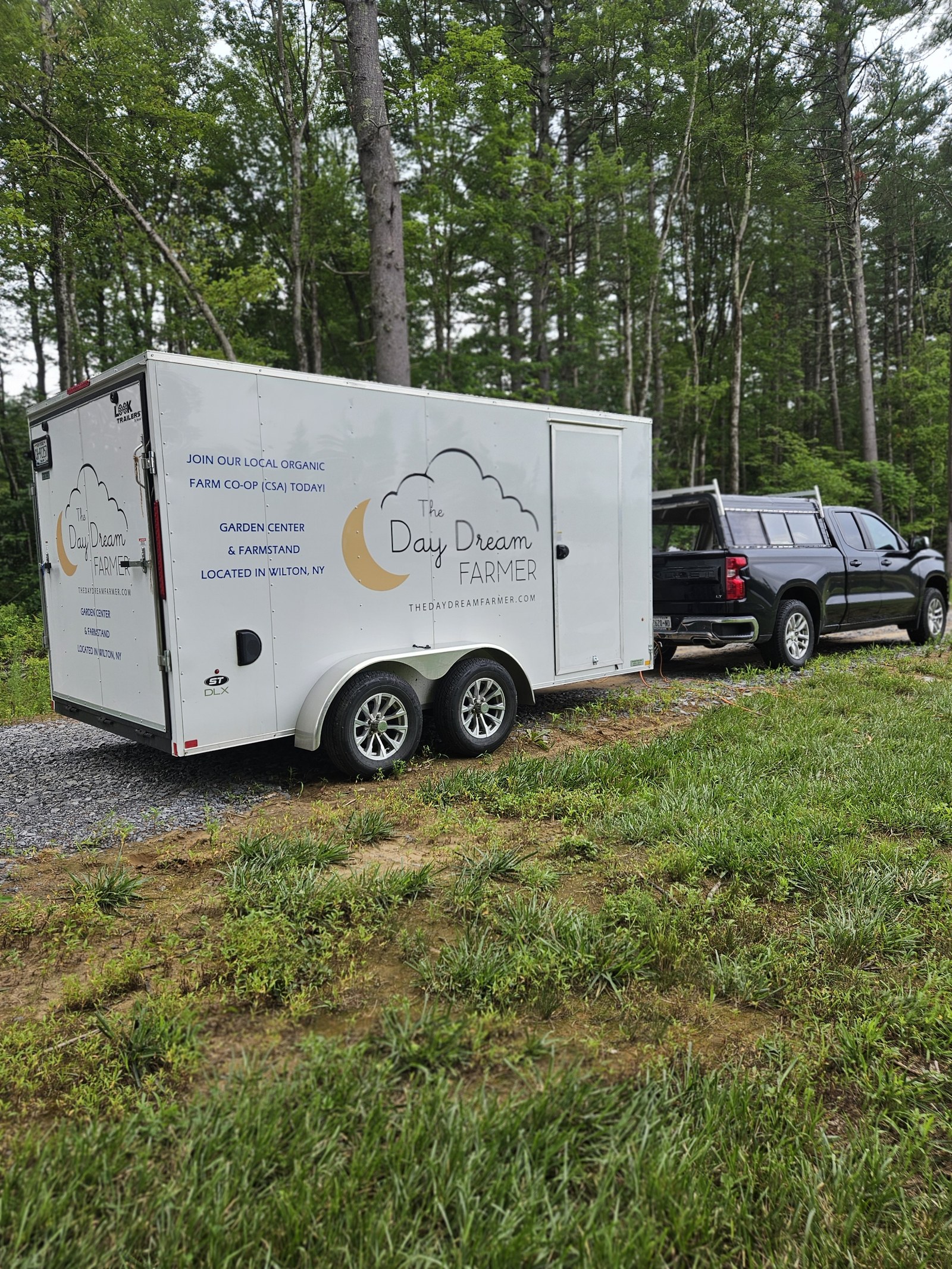 The Day Dream Farmer's branded trailer — join our local organic farm co-op (CSA) today, garden center and farmstand in Wilton, NY