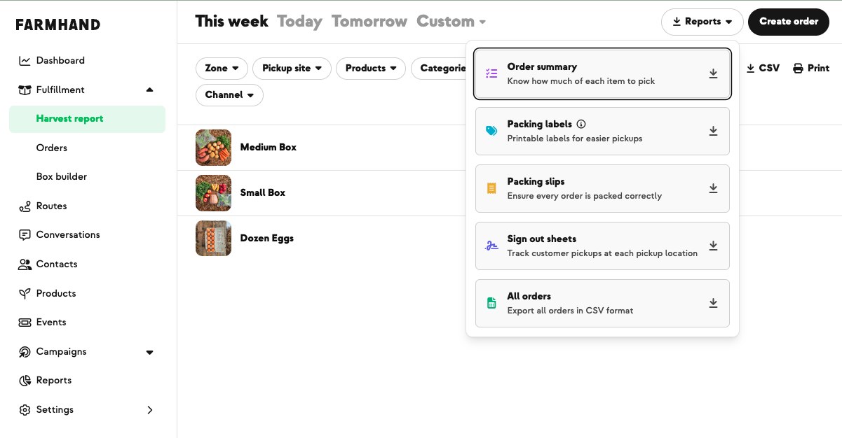 Farmhand harvest report with downloads for order summary, packing labels, packing slips and pickup-site sign-out sheets