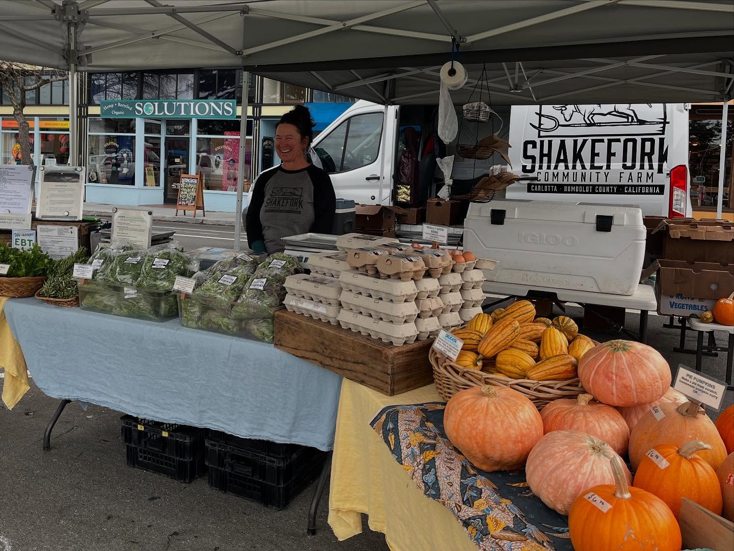 Melanie laughing behind the Shakefork market stall — flats of really good eggs, greens, delicata squash and pie pumpkins, with the branded farm van behind her