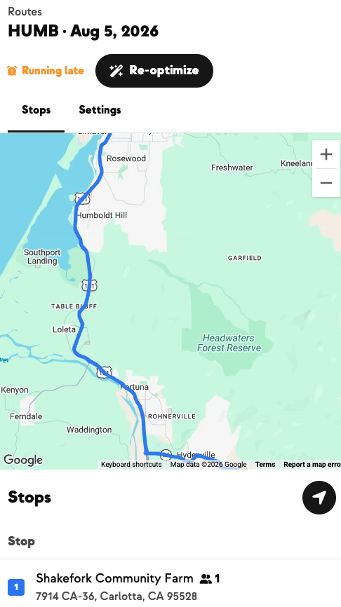A Shakefork delivery route with its stops listed in order