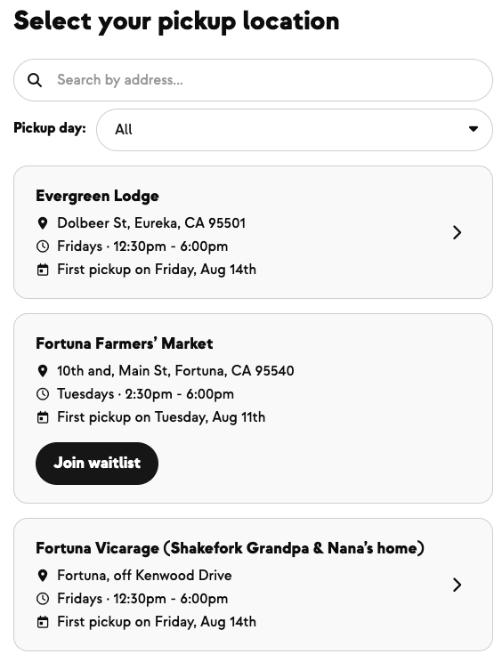 The member-facing pickup location list — Evergreen Lodge on Fridays, Fortuna Farmers' Market on Tuesdays with a Join waitlist button, and Fortuna Vicarage at Grandpa and Nana's home