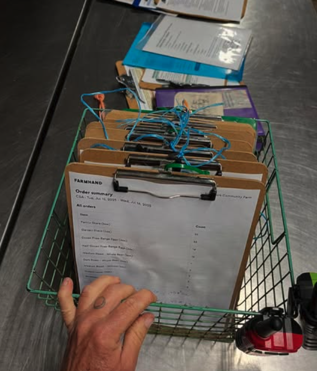 Pack day, July 2025: one basket of clipboards with the Farmhand order summary on top
