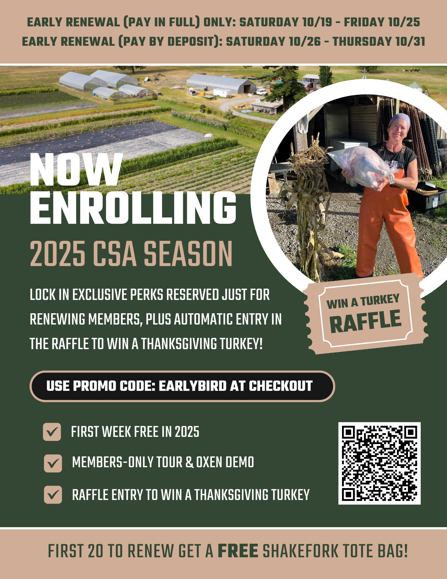 Shakefork's printed CSA renewal flyer: Secure your spot for the 2026 CSA, renew by 10/19 before the waitlist opens, with the local-rewards list and a QR code