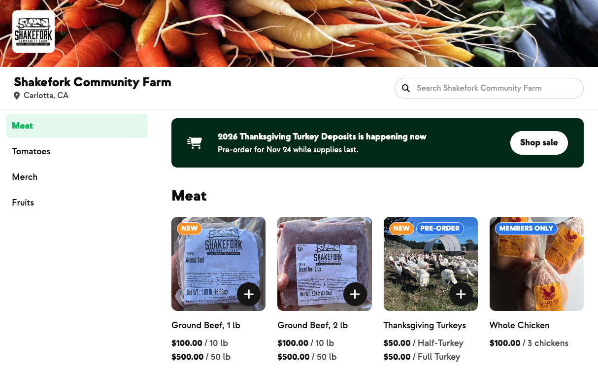 The Shakefork storefront with the Thanksgiving turkey pre-order banner across the top