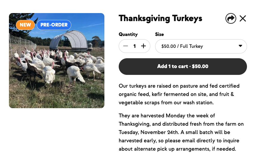 The Thanksgiving Turkeys pre-order listing showing the $50 deposit and $9 a pound charged at pickup
