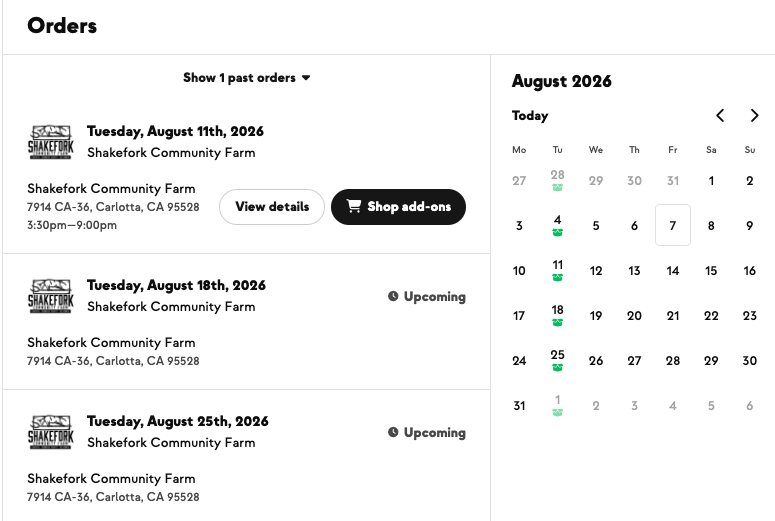A member's account showing past and upcoming Tuesday deliveries, a Shop add-ons button and a delivery calendar