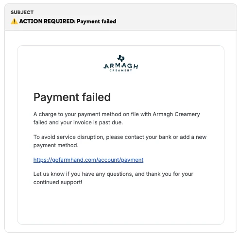Failed payment notice handled for the farm