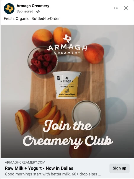 Armagh Creamery Facebook ad for raw milk in Dallas