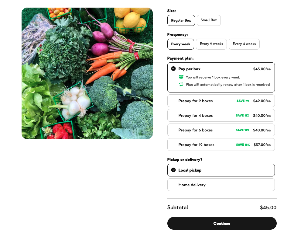 CSA share checkout showing pay-per-box and prepay payment plans