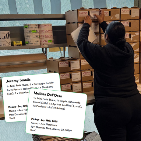 Crew member applying add-on labels to packed CSA boxes