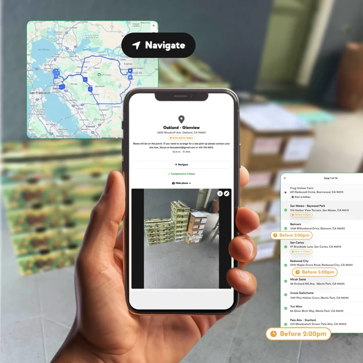 Driver navigating a route with a proof-of-delivery photo and the day’s stop list