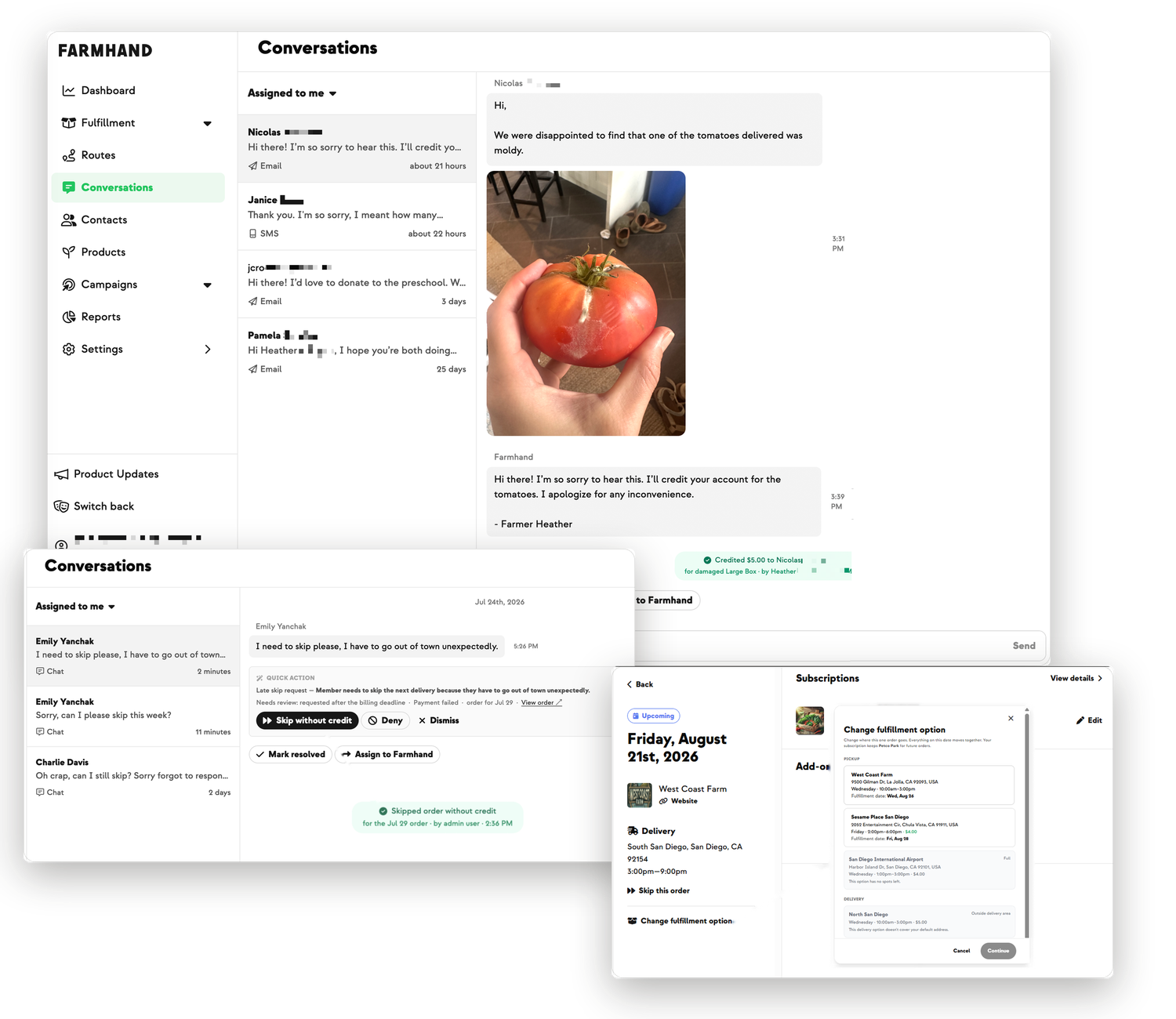 The Farmhand conversations feed — a member’s photo of a bad tomato answered with an account credit, a skip request handled in one click, and a member changing her own delivery from her account