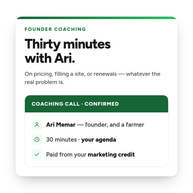Confirmed 30-minute coaching call with Ari Memar, founder and farmer