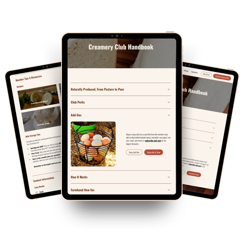 Member handbook page with recipes and produce storage tips