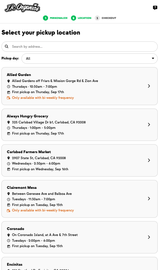JR Organics pickup location picker