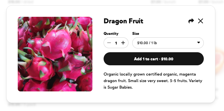 The Dragon Fruit product page, $10 for a pound