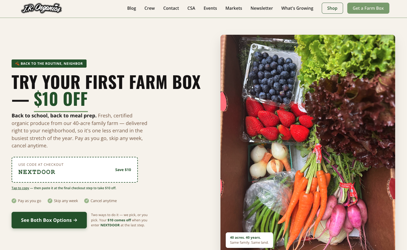 JR Organics' Nextdoor landing page: Try Your First Farm Box, $10 Off