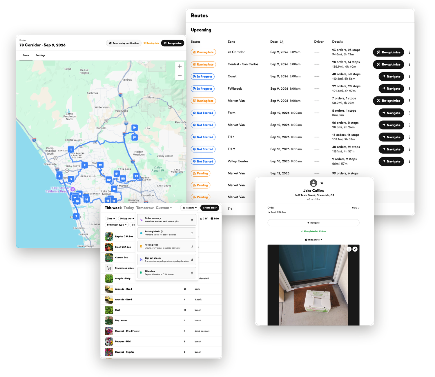 Farmhand's routes view for JR Organics, showing the week's delivery zones