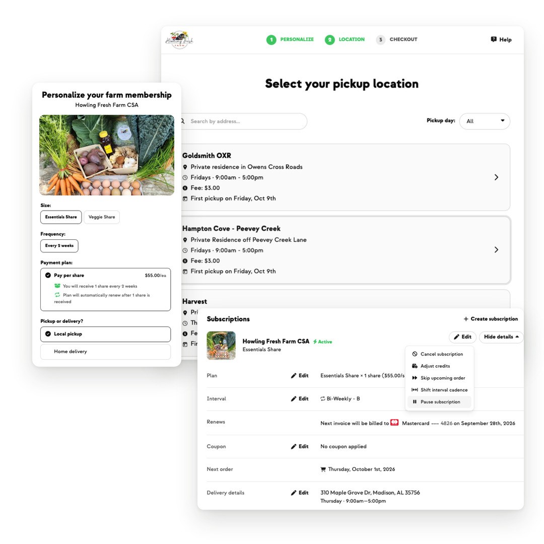Howling Fresh signup: choosing the Essentials Share, pay per share every two weeks, picking a pickup site, and the member's subscription with pause and skip options