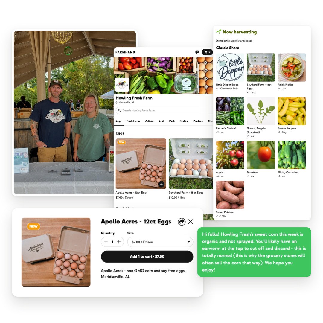 Ryan at the Howling Fresh market table, the farm's Farmhand storefront with Apollo Acres and Southard Farm eggs, this week's Classic Share contents, and a member text about the sweet corn