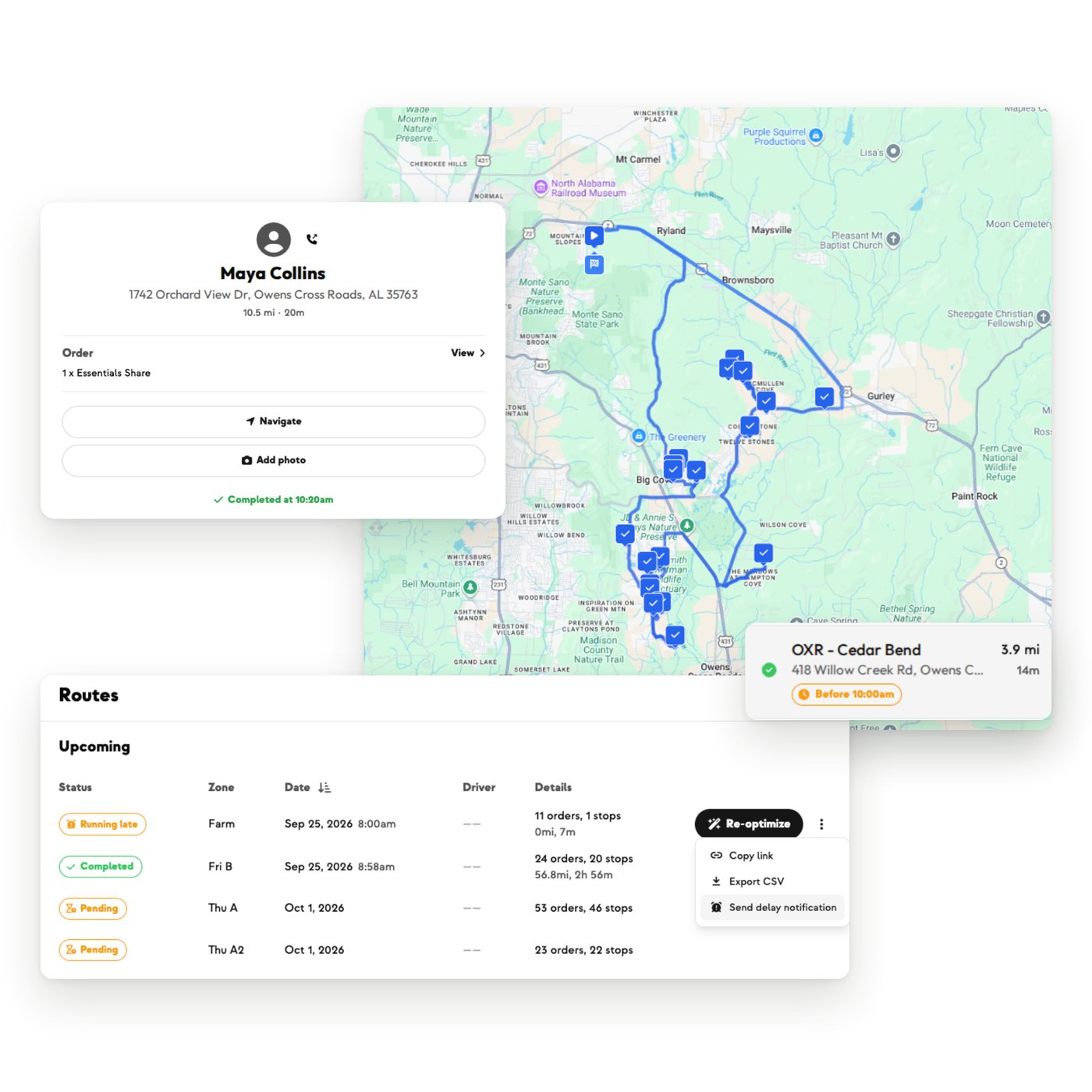 Howling Fresh delivery routes: a route map through Owens Cross Roads, a completed driver stop, and the week's routes with one flagged running late