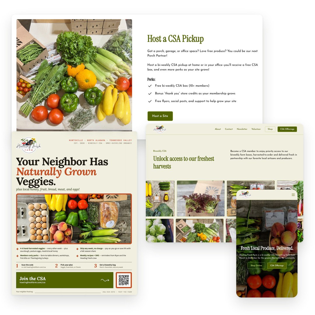 Howling Fresh marketing: the Host a CSA Pickup page for Porch Partners, the neighbor flyer with a QR code to join the CSA, and the farm's CSA website on desktop and phone