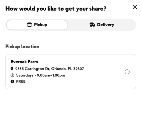 Pickup or delivery at signup, with pickup at Everoak Farm on Saturdays from 9 AM to 1 PM, free