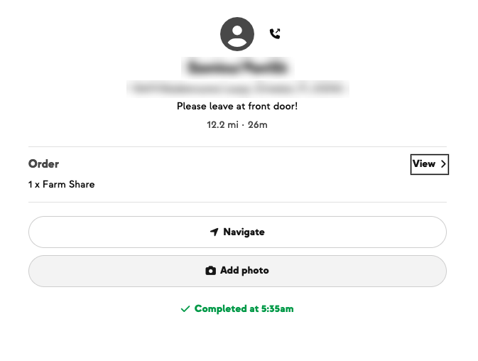 A driver's stop with Navigate, Add photo and the completed time, customer details blurred