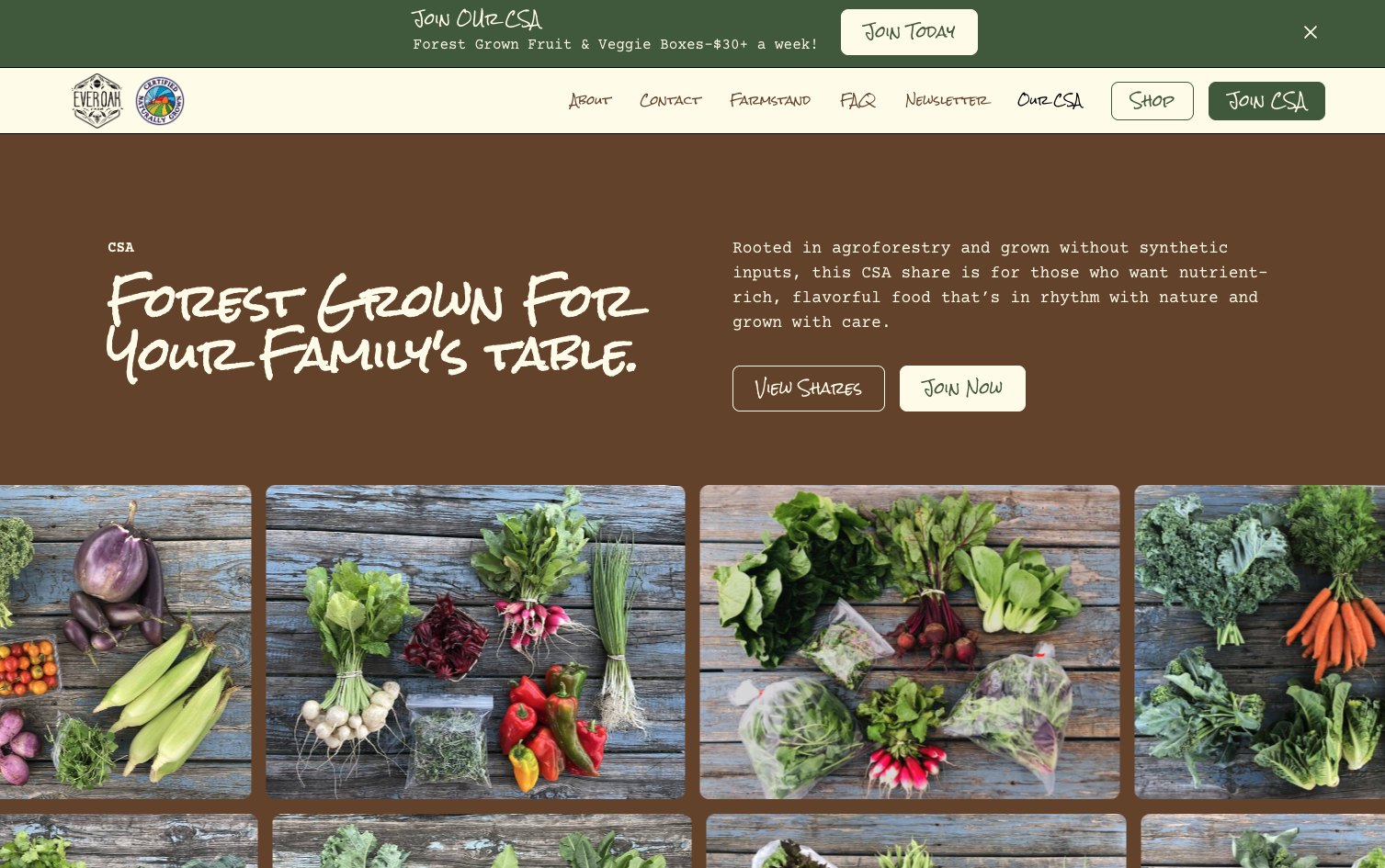 Everoak Farm's CSA page: Forest Grown for your family's table, with View Shares and Join Now buttons