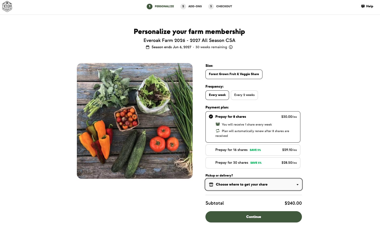 Everoak's signup: the Forest Grown Fruit & Veggie Share, every week or every 2 weeks, prepaid for 8, 16 or 32 shares
