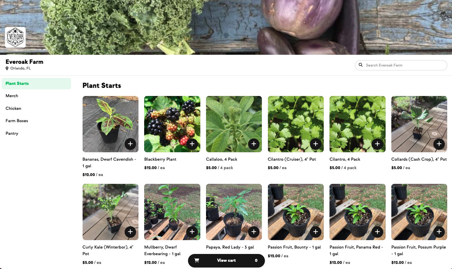 Everoak's shop: plant starts including banana, blackberry, papaya and passion fruit, with prices
