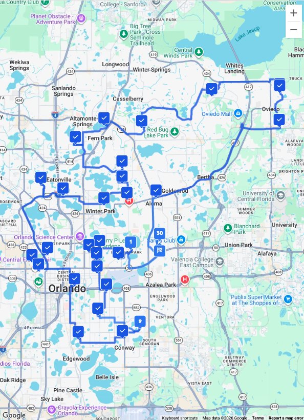A Saturday delivery route mapped across greater Orlando