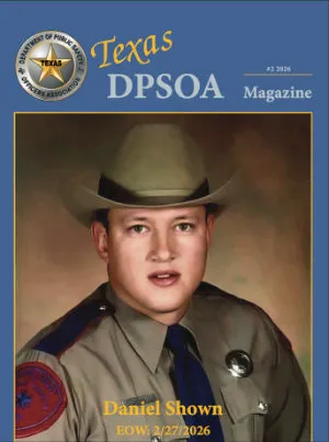 Texas DPSOA Magazine cover featuring Trooper Jerry Wayne Adamick Jr. in uniform with cowboy hat.