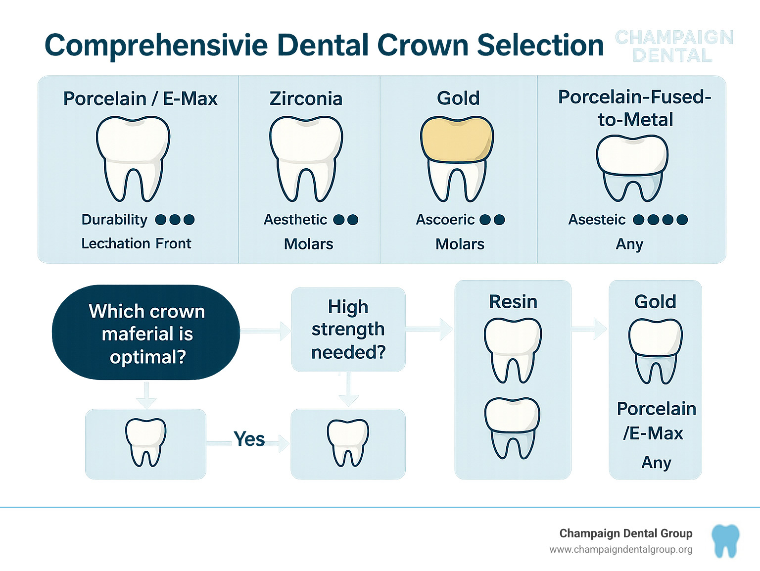 Comprehensive dental crown selection guide showing material types, durability ratings, aesthetic scores, and recommended tooth locations with decision flowchart for choosing optimal crown material - best crowns for teeth infographic 