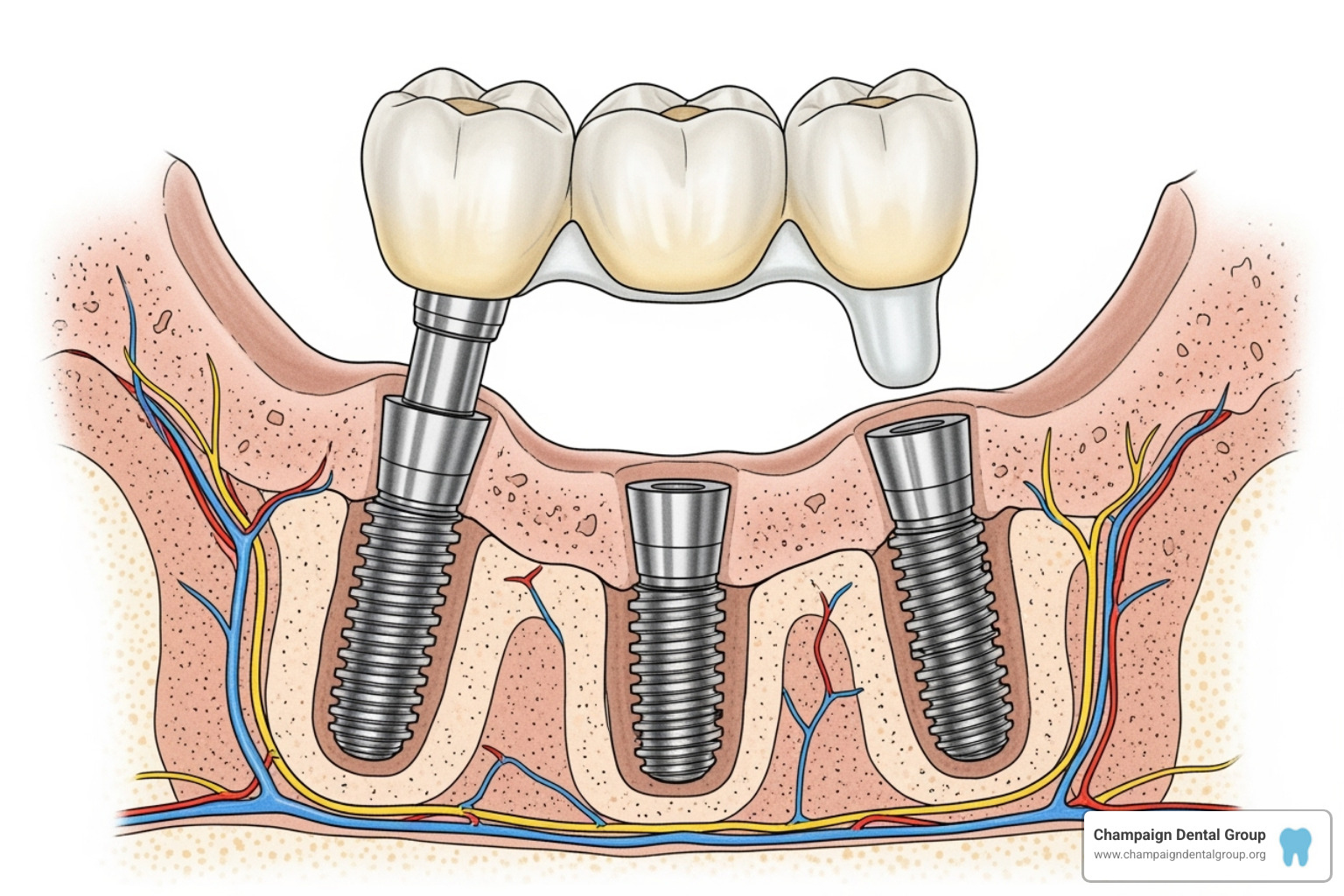 Illustration comparing bone levels under an implant bridge and a conventional bridge