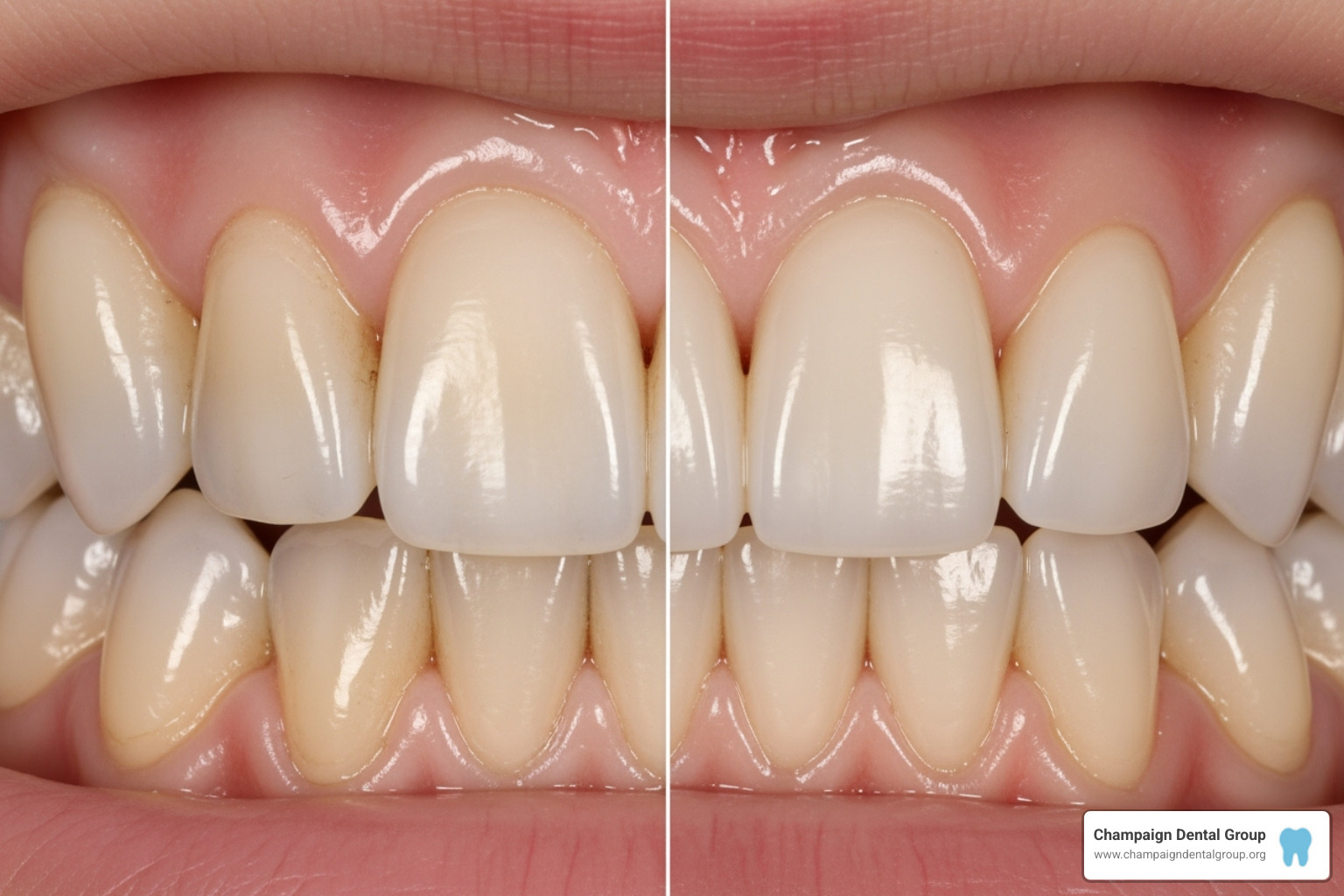 Before and after image of worn and uneven teeth reshaped and lengthened with dental bonding