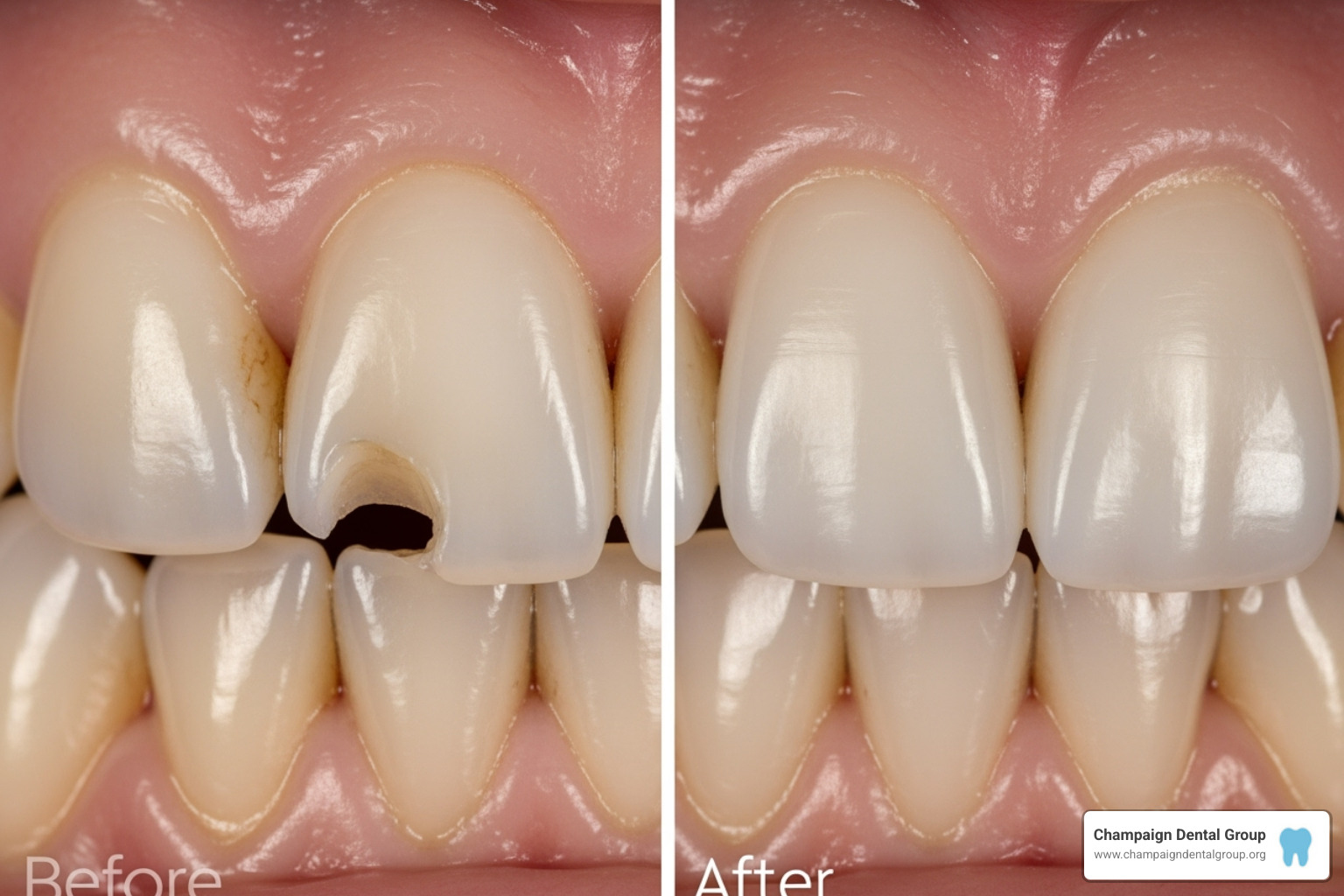 Before and after image of a chipped front tooth seamlessly repaired with dental bonding