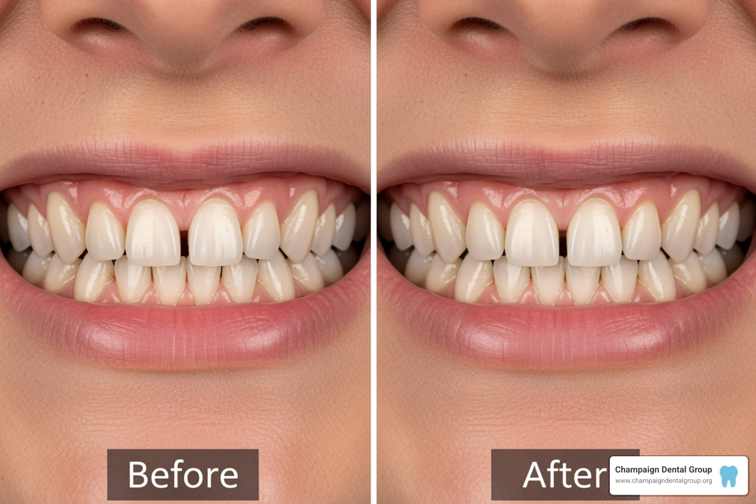 Before and after image showing a gap between two front teeth closed with dental bonding