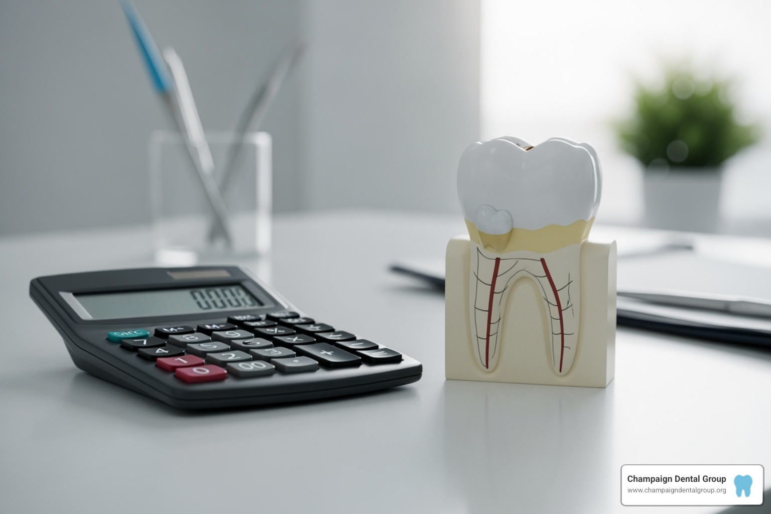 Calculator and a tooth model, symbolizing cost calculation - bonding teeth price