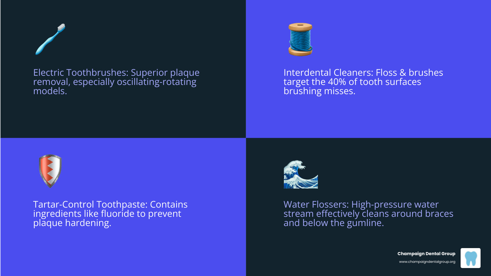 Infographic showing the top categories of plaque cleaners, including electric toothbrushes, dental floss, tartar-control toothpastes, antiseptic mouthwashes, and water flossers. - best plaque cleaner infographic 4_facts_emoji_blue