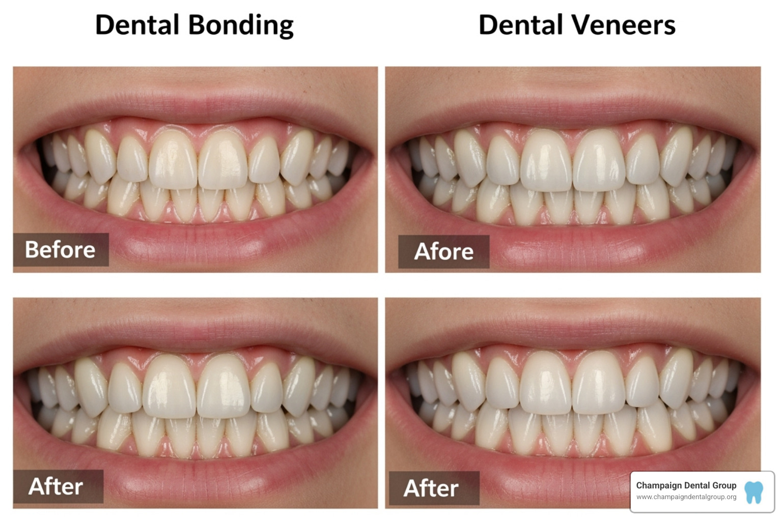 teeth bonding vs veneers - split screen before and after showing bonding on one side and veneers on the other