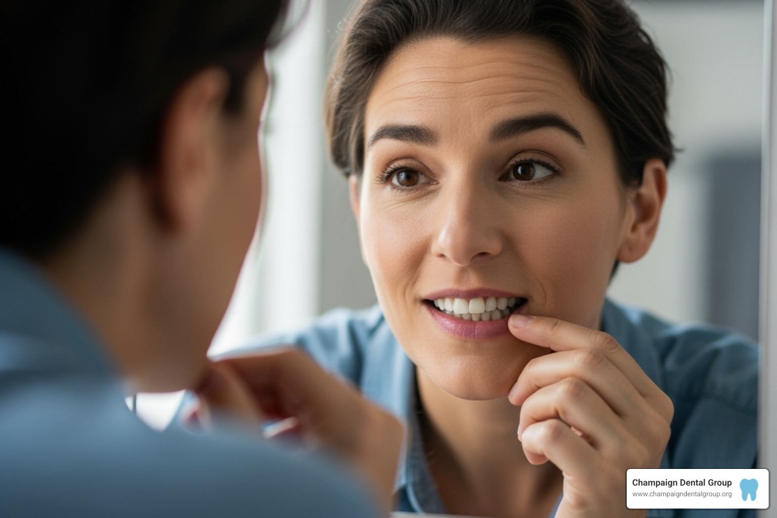 A person looking thoughtfully at their reflection in a mirror - teeth bonding vs veneers