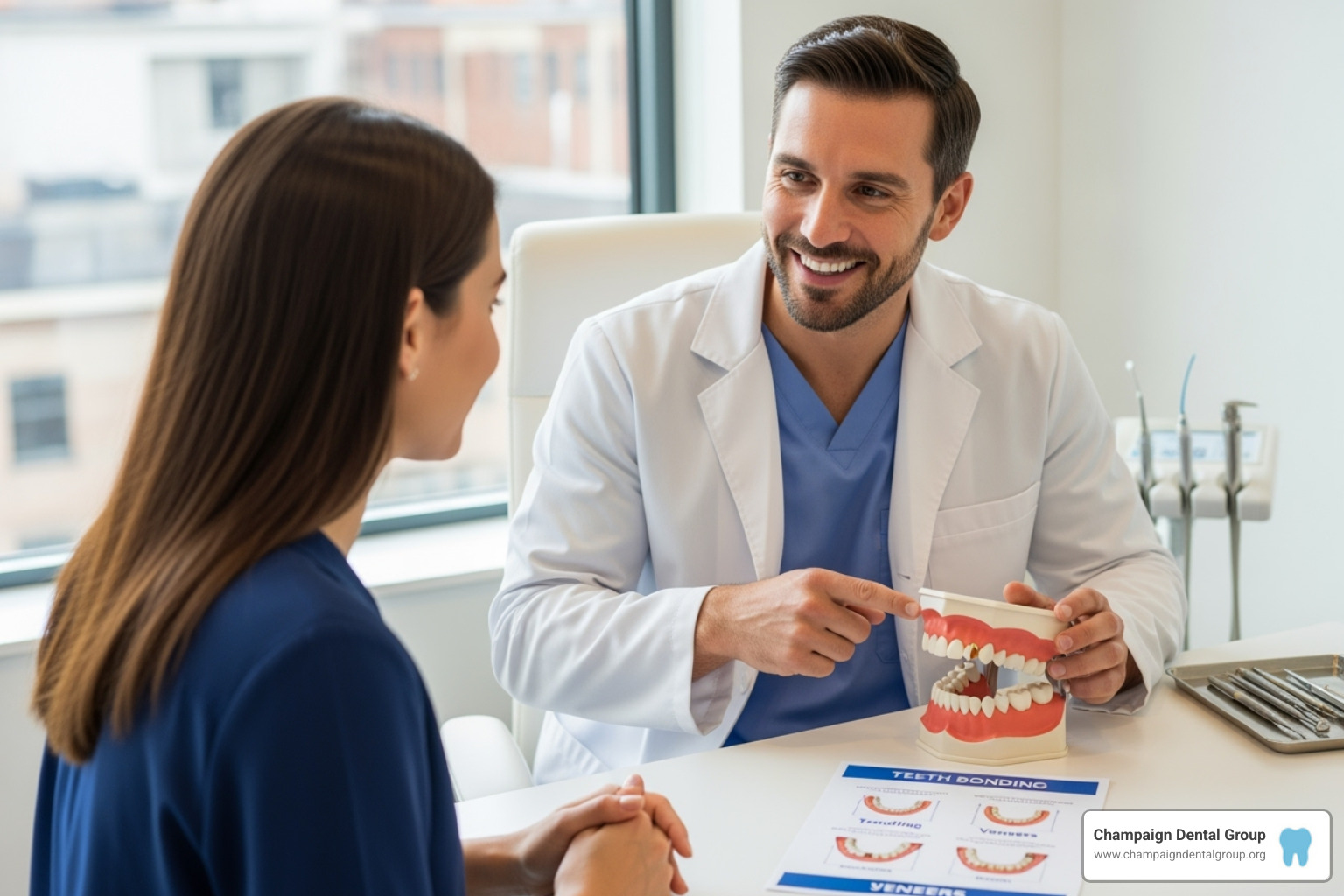 A dentist consulting with a patient about their smile, pointing to a dental model - teeth bonding vs veneers
