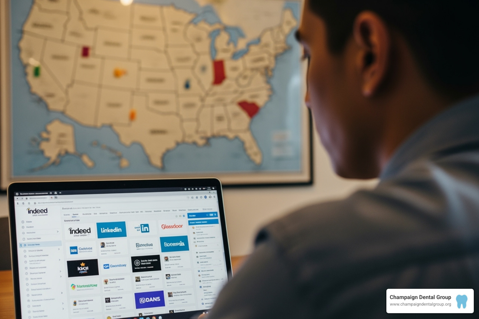 Person using a laptop to browse job boards, with a map in the background - dental hygiene jobs near me